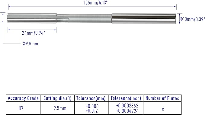 Chucking Reamer 9.5mm, H7 HSS Cobalt M35 Lathe Machine Reamer Metric, 6 Straight Flutes, Round Straight Shank Milling Cutting Tool, for Stainless Steel Alloy Copper Metal