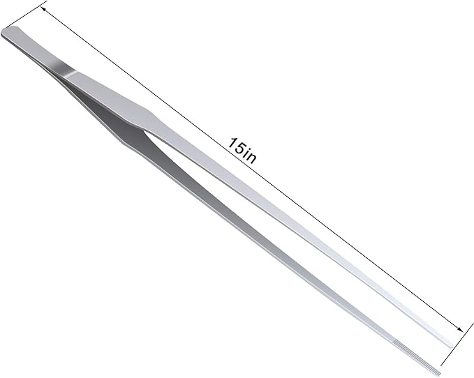 Stainless Steel Polished Extra-Long 15 inch Tongs Tweezers with Precision Serrated Tips for Garden, Kitchen, Indoor & Outdoor