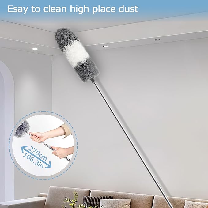 Feather Duster for Cleaning Extendable - Feather Duster for Cleaning The Indoor. 110 in Long Duster with Extension Pole for Clean Ceilings and Fans. Microfiber Duster for Blinds. Washable Dduster.