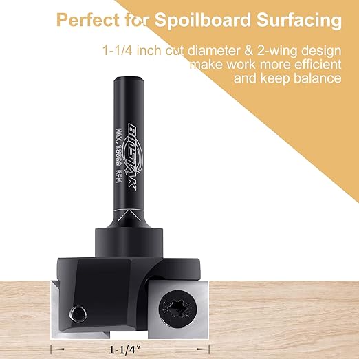 CNC Spoilboard Surfacing Router Bit, 1/4" Shank 1-1/4" Cutting Diameter, Carbide Insert Slab Flattening Router Bits Planing Bit