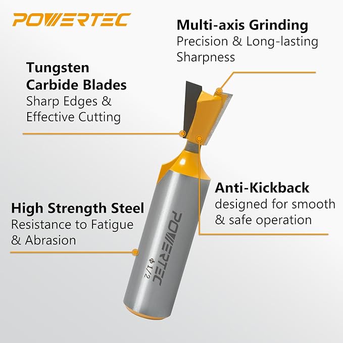 POWERTEC 14 Degree Dovetail Router Bit, 1/2" Shank, 1/2" Cutting Diameter, 1/2" Cutting Length, Tungsten Carbide Tipped Woodworking Router Bits for use on CNC Machine and Router Tool (73052V)