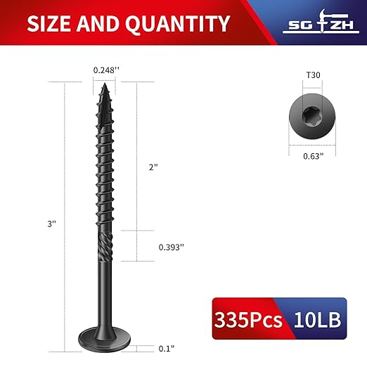 #14 x 3 Inch Outdoor Structural Wood Deck Screws (335Pcs/10lb), Carbon Steel, Black, Flat Head, Rust Resistant Epoxy Coated, T30 Star Bit