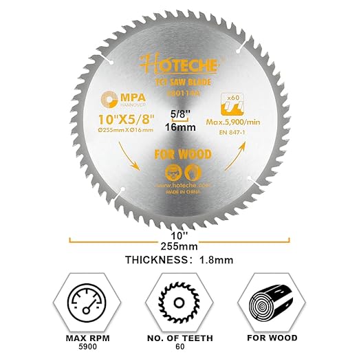Hoteche 10-Inch Circular Saw Blade for Wood 60-Tooth Tungsten Carbide-Tipped Blade High-Performance Professioal Saw Blade for Miter Saw and Table Saws, Hole Size 5/8-inch