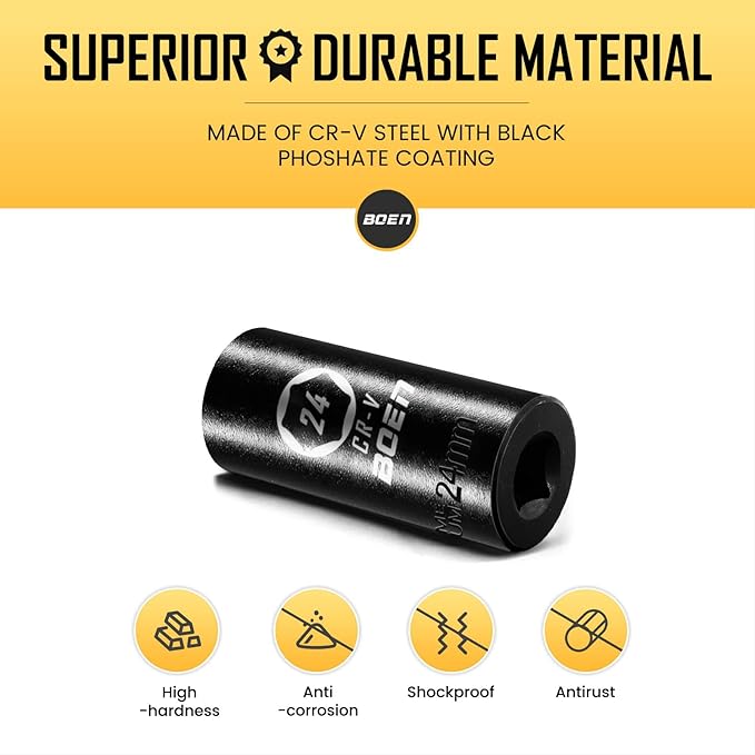 BOEN 1/2" Drive Deep Impact Sockets,Premium Impact Socket,24mm Socket,Metric,6 Point,Cr-V Steel with Laser Marking - Strong and Durable