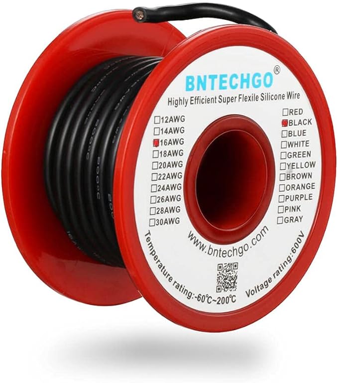 BNTECHGO 16 Gauge Silicone Wire Spool 25 ft Black Flexible 16 AWG Stranded Tinned Copper Wire