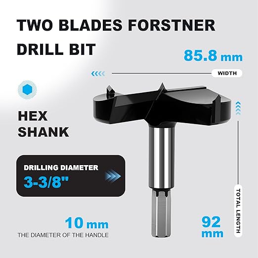 3-3/8 Inch Forstner Drill Bit Carbide Tipped,Woodworking Hinge Cutter for Precise Flat Bottom Holes in Hard Wood,Plywood,Plastic - Professional Grade