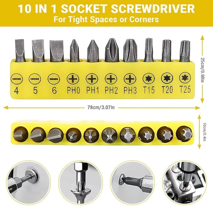 11.7in Flexible Screwdriver Bit Extension Kit - 10pc Set with 90째 Angled Bits and Soft Shaft Adaptors