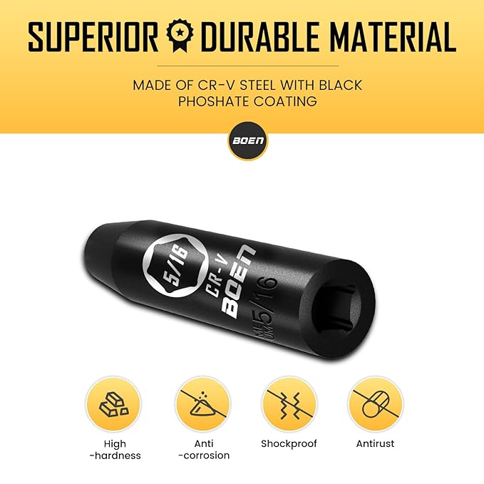 BOEN 1/2" Drive Deep Impact Socket,5/16 Inch Premium Socket,SAE,6 Point,Cr-V Steel with Laser Marking - Strong and Durable