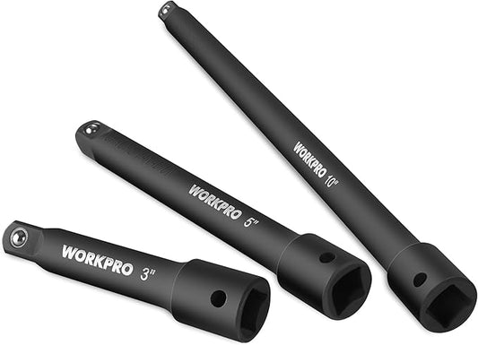 WORKPRO 3/8" Drive Impact Extension Bar Set, 3 PCS Socket Extensions, 3?? 5??and 10??Length, Premium Chrome Vanadium Steel with Black Phosphate Finish