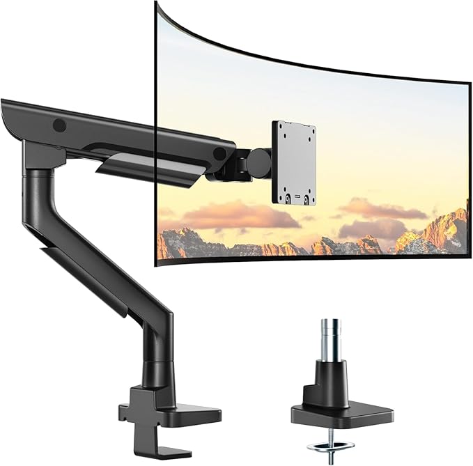 monTEK Sleek Aluminum Monitor Arm for 17??7??Ultrawide Screens up to 59.4 lbs, Heavy Duty Single Monitor Arm Desk Mount, Pneumatic Lift, Quick-Release Plate, Clamp/Grommet, Max VESA 100x100