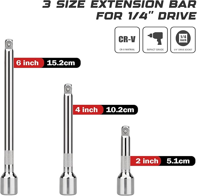 1/4 Inch Drive Socket Extension Bar Set?밒ncludes 2", 4", 6" Chrome Vanadium Steel Extensions with Silver Mirror Finish for Ratchet Drive, Automotive and Home Tool Use,3PC