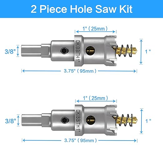 TCT Hole Saw Set, 2-Pack of 1 (25mm) Heavy Duty Tungsten Carbide Tipped Hole Cutters for Stainless Steel Mild Steel Copper Iron Brass Plastic and More, with Titanium-Plated Pilot Drill Bits