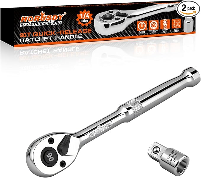 HORUSDY 1/4" Drive 90-Tooth Quick-Release Ratchet Handle with 1/4" to 3/8" Adapter, Reversible Thin Profile Socket Wrench, 4째 Swing Arc, Ergonomic Anti-Slip Grip, Ideal for Auto, Bike & Home Repair