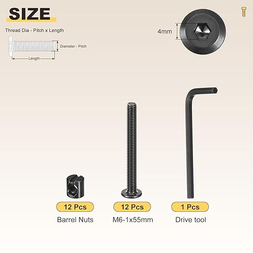 METALLIXITY Furniture Crib Screws Replacement Set with Wrench(M6-1x55mm) 25Pcs, Connector Bolt M6 Screw Barrel Nuts Binding Screws, for Chair Cabinet Bed, Black