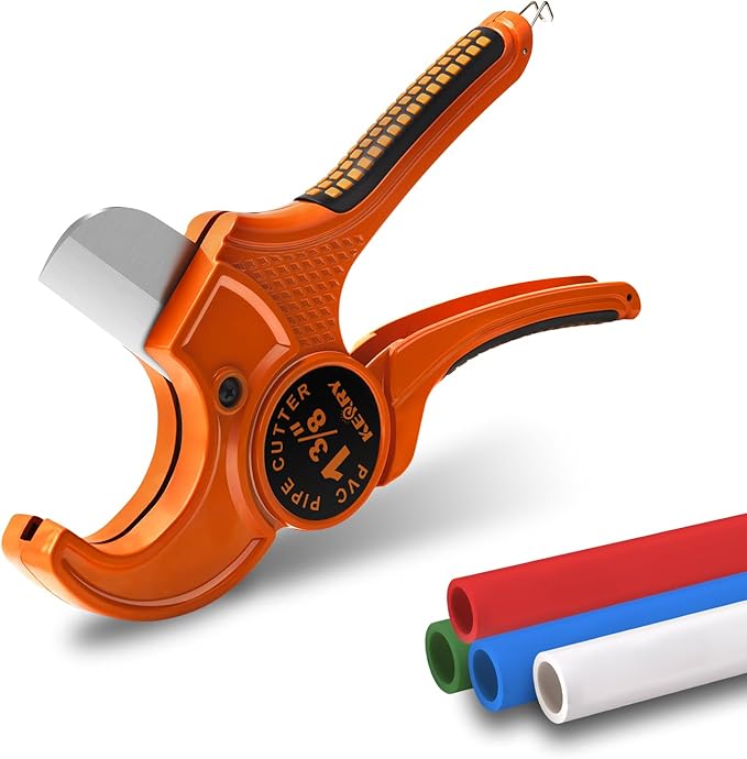 Kerry Hose Pipe Cutter, Up to 1-3/8" Ratcheting Heavy-Duty PEX POLY PE Plastic Hoses and Plumbing Tube Cutting Tool, Sharp Stainless Steel Blades, Thicken Aluminum Body Extended Handle