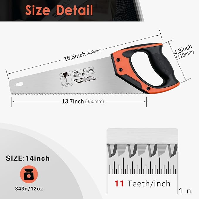 14 Inch Wood Hand Saw, 11 TPI Universal Handsaw Non-slip Ergonomic Handle Rustproof Wood Saw