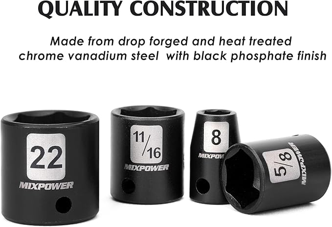 MIXPOWER 3/8" Drive Deep Impact Socket Set, 6 Point, 49 Piece Standard SAE and Metric Sizes-5/16-Inch to 3/4-Inch and 8-22 mm, 3/8'' impact universal joint, Cr-V Steel Mechanic Socket Set