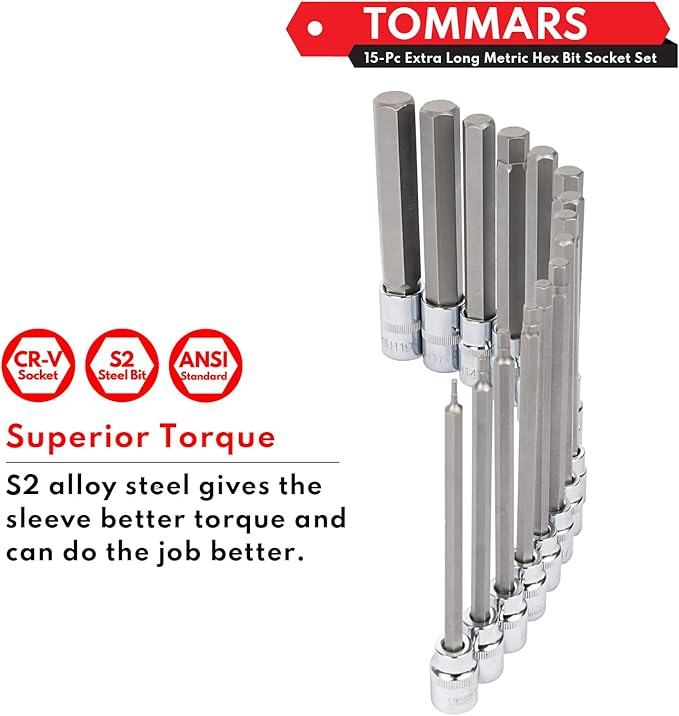 TOMMARS 15-PC Metric Long Hex Bit Socket Set, Extra Long Socket Set S2 Alloy Steel 3/8", 1/2" Drive, H2 - H19.