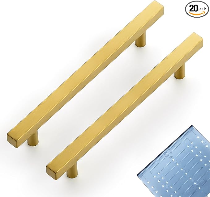Ravinte 20 Pack 5 Inch Cabinet Pulls Gold Sqaure Kitchen Cabinet Handles Gold Cabinet Hardware Stainless Steel Drawer Pulls 7-3/8 Inch Overall Length with Mounting Template