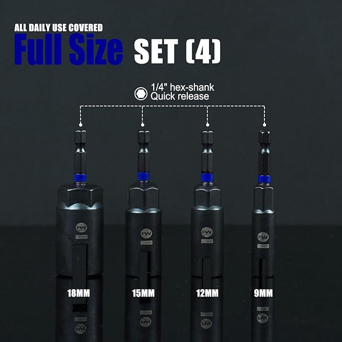 Wing Nut Driver Set -4 Pcs Power Wing Nut Socket Bit for Wing Nut, Eye Bolt, Screw Hook, Wire Twisting, Durable CR-V Steel, Color-coded 9mm, 12mm, 15mm, 18mm Sizes for Easy Selection