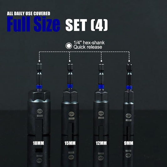 Wing Nut Driver Set -4 Pcs Power Wing Nut Socket Bit for Wing Nut, Eye Bolt, Screw Hook, Wire Twisting, Durable CR-V Steel, Color-coded 9mm, 12mm, 15mm, 18mm Sizes for Easy Selection