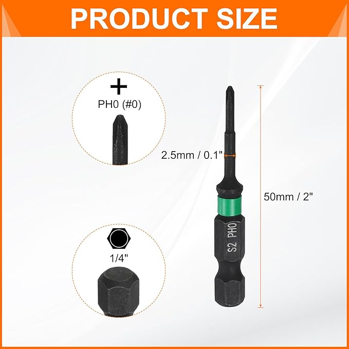 HARFINGTON 3pcs #0 Impact Phillips Screwdriver Bit PH0 1/4" Hex Shank 2" (50mm) Long 0.1" Rod Magnetic Cross Head Drill Bits S2 Steel Industrial Screw Driver for Impact Power Drivers