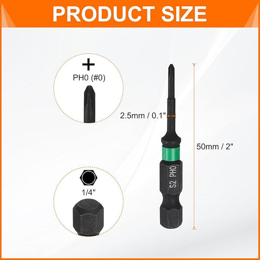 HARFINGTON 3pcs #0 Impact Phillips Screwdriver Bit PH0 1/4" Hex Shank 2" (50mm) Long 0.1" Rod Magnetic Cross Head Drill Bits S2 Steel Industrial Screw Driver for Impact Power Drivers