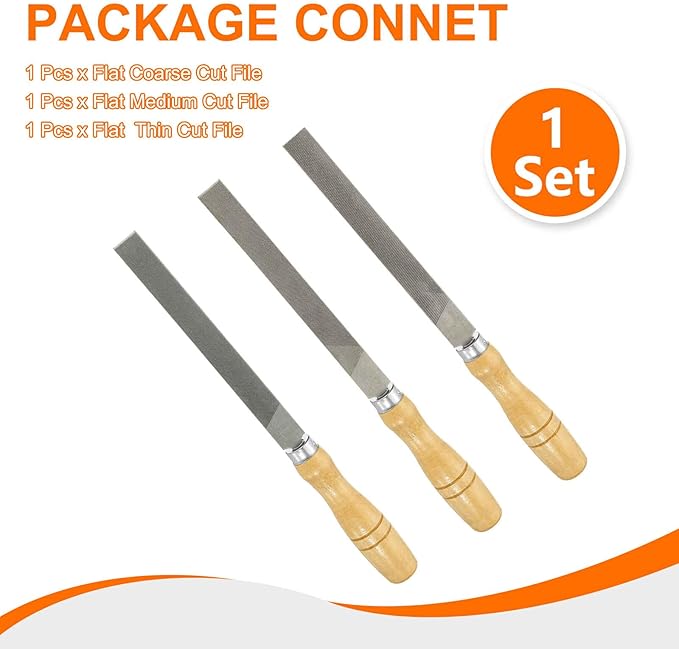 HARFINGTON 3pcs Flat Cut File 6" Double Cut Teeth High Carbon Steel Hand Rasp File with Wood Handle for Metal Wood Deburring Removing