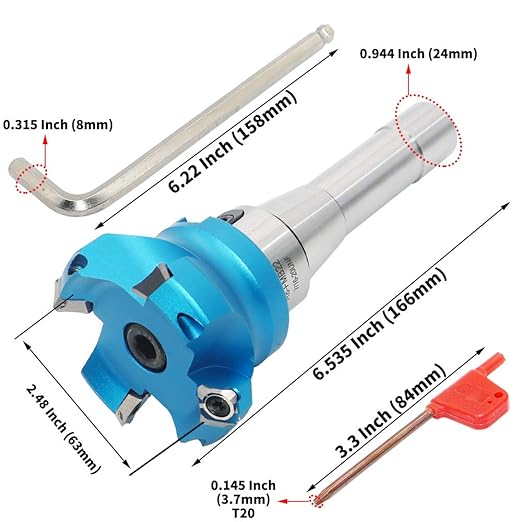 2.5 Inch Face Milling Cutter Aluminum KM12 63MM CNC End Milling Cutter Holder + R8-FMB22 Shank Face Shell Mill Arbor + 4pcs SEHT1204 Carbide Inserts + 8mm Hexagon Wrench + T20 Wrench CNC Machine Tools