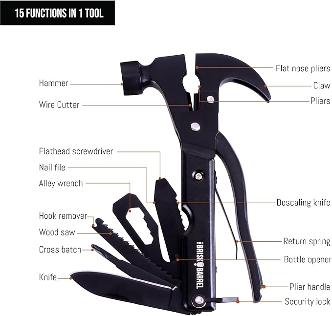 Hammer Multitool 15 in 1 - Multitool for Men. Compact Camping Multi Tool. Backpacking & Camping. Survival and Emergency Tool. Christmas Day Gifts for Men, Dad. Pocket Tool
