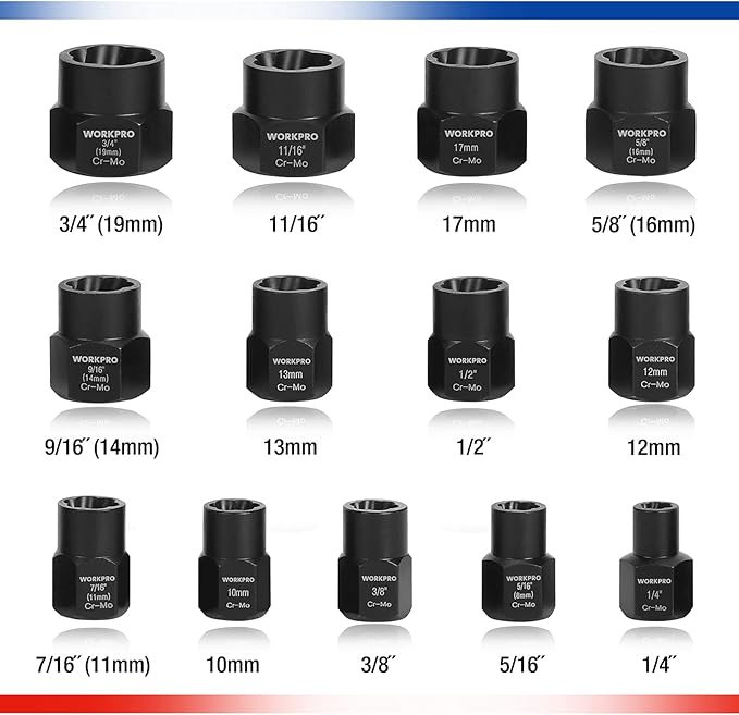 WORKPRO 15 Pieces Impact Bolt & Nut Remover Set, 3/8??Drive Bolt Extractor for Removing Stripped, Damaged, Rounded off and Rusted Bolts & Nuts