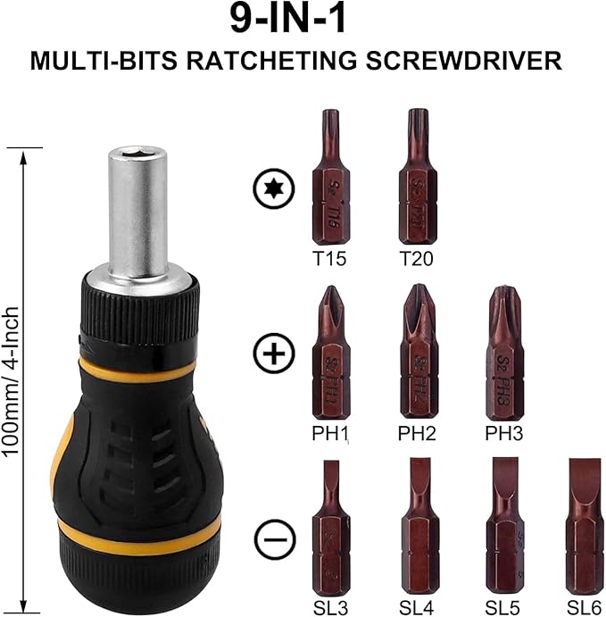 9 in 1 Stubby Ratcheting Screwdriver, Bestgle Mini Multi-Bit Magnetic Screwdriver Tool with Torx Security, Flat Head, Phillips and 1/4 Nut Driver