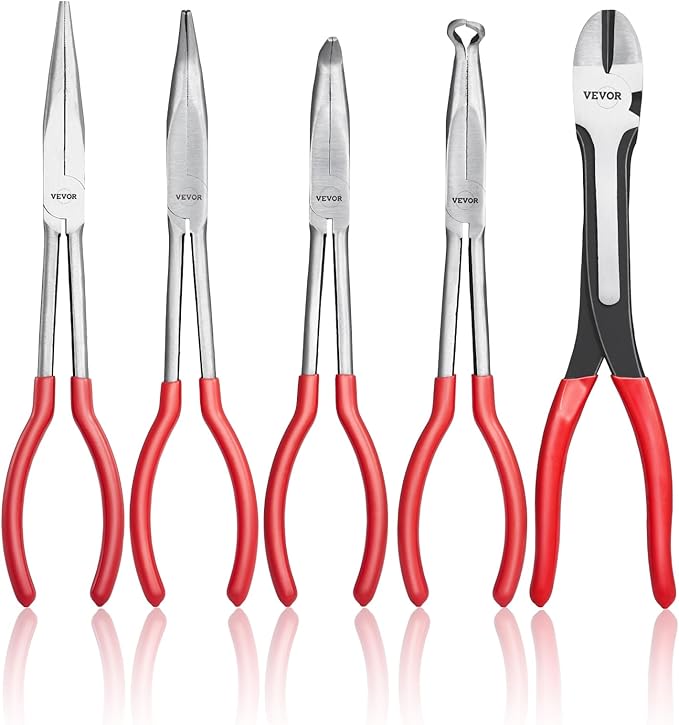 VEVOR 5-Piece Needle Nose Pliers, 11 in Long Needle Nose Pliers Set, Diagonal Cutting Pliers, 45째/ 90째 Bent Nose Plier, Round Nose Plier, Long Nose Plier, Professional Pliers Set with Storage Bag