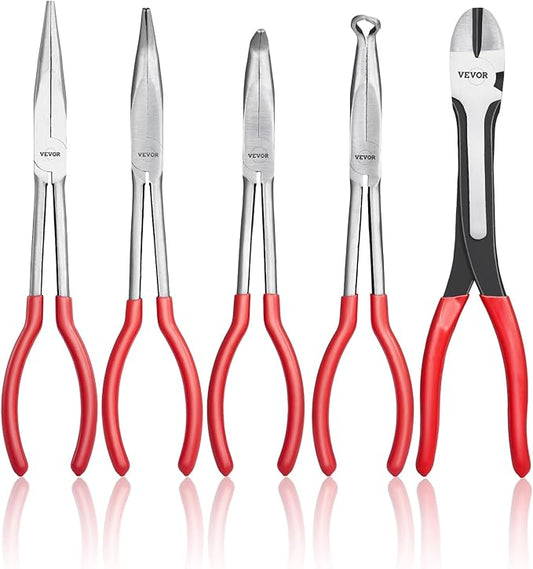 VEVOR 5-Piece Needle Nose Pliers, 11 in Long Needle Nose Pliers Set, Diagonal Cutting Pliers, 45째/ 90째 Bent Nose Plier, Round Nose Plier, Long Nose Plier, Professional Pliers Set with Storage Bag