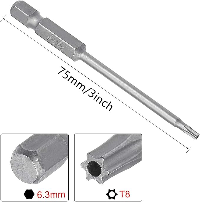XMHF 10Pcs 75mm/3inch Long 1/4 Inch Hex Shank T8 Torx Head Magnetic Screwdriver Bits Security Tamper Proof Star 6 Point Screw Driver Set