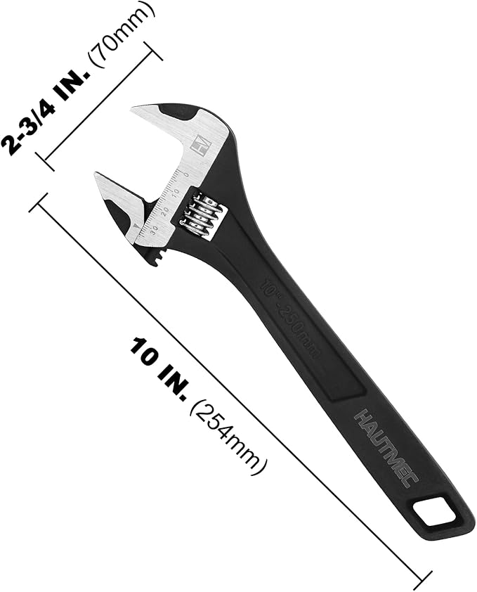 HAUTMEC 10 inch Adjustable Wrench Extra Wide Jaw Black Finish Adjustable Wrenches Drop-Forged CR-V Steel Metric & SAE Scales for Home Garage Workshop DIY