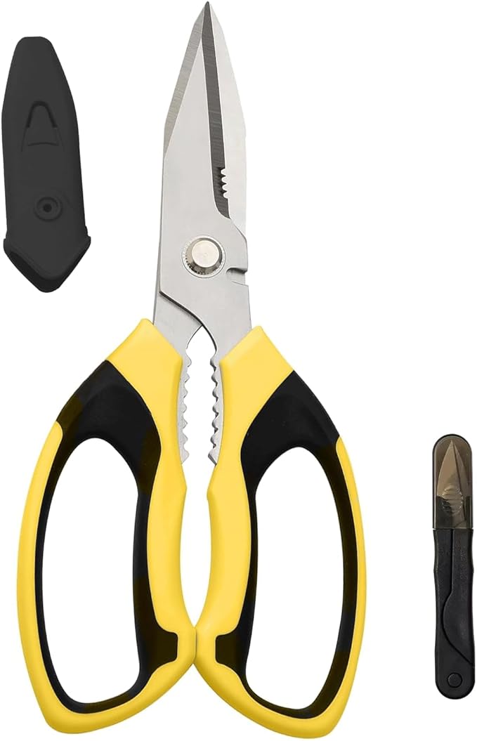 Utility Scissors all Purpose Heavy Duty, 8-Inch sharp Scissors with Protective Cover, Stainless Steel Serrated Blades Cut Cardboard, Wire, Leather, Fabric, Nutcracker - Yellow