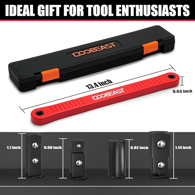 Red Offset Extension Wrench Impact Ready Socket Wrench Extender Tool with Versatile 1/4", 3/8", and 1/2" Square Drive Adapters, Universal Extensions Wrench for Small Place