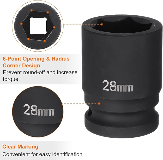 HARFINGTON 6-Point Impact Socket 3/4" Drive 28mm Metric 40Cr Alloy Steel Spindle Axle Nut Impact Socket