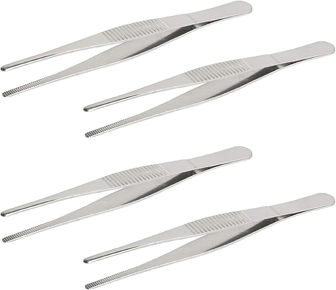 Aoje-Link Stainless Steel Straight Blunt Tweezers, horizontal serrated tips, used for repairs, barbecues, auxiliary tools, silver, 4pcs