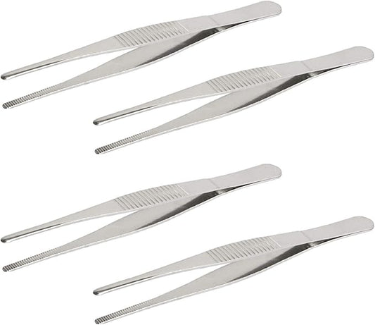 Aoje-Link Stainless Steel Straight Blunt Tweezers, horizontal serrated tips, used for repairs, barbecues, auxiliary tools, silver, 4pcs