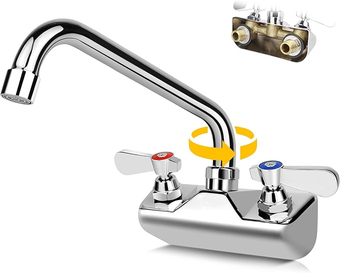 Leak-Free Commercial Sink Faucet 10" Swivel Spout, Wall Mount Kitchen Hand Sink Faucet with 4 Inch Center, 1/2" NPT Male Inlet, Brass Constructed & Chrome Polished, Dual Lever Handles