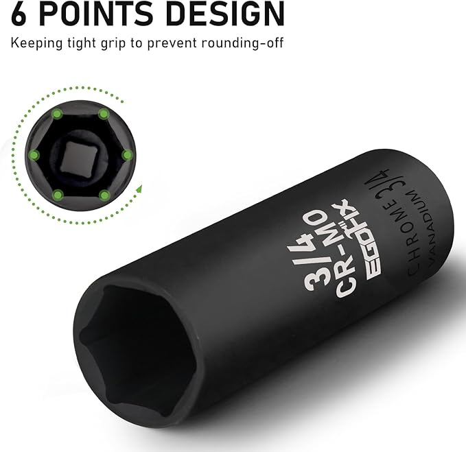 3/8" Drive Deep Impact Socket, 3/4 Inch SAE Socket, CR-MO 6 Point for Easy Removal of Axle Nut