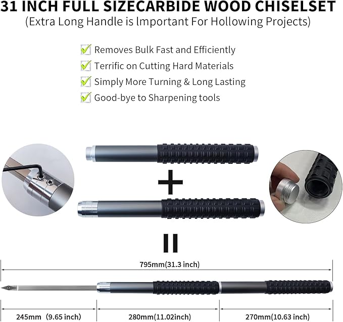 RUITOOL Carbide Wood Lathe Turning Tools Set with Bowl Sander, Including Swan Neck Hollower, Rougher, Finisher, Detailer, 1" & 2" Mandrels, Sandpapers and Aluminum Alloy Handles for Woodturning
