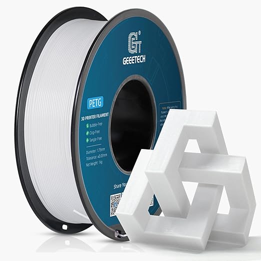 Geeetech PETG Filament 1.75mm, 1 KG (2.2lbs) Spool 3D Printer Filament, High-Toughness, 짹0.02mm Accuracy, Neatly Wound & Moistureproof, Non-Clogging Non-Stringing, Fits Most FDM Printers, White