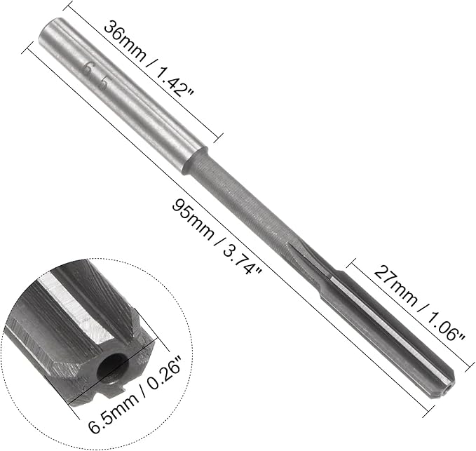 uxcell Chucking Reamer 6.5mm, H7 HSS Lathe Machine Reamer 6 Straight Flutes, Round Shank Milling Cutting Tool, Metric Reaming Drill Bit for Stainless Steel Metal Hole