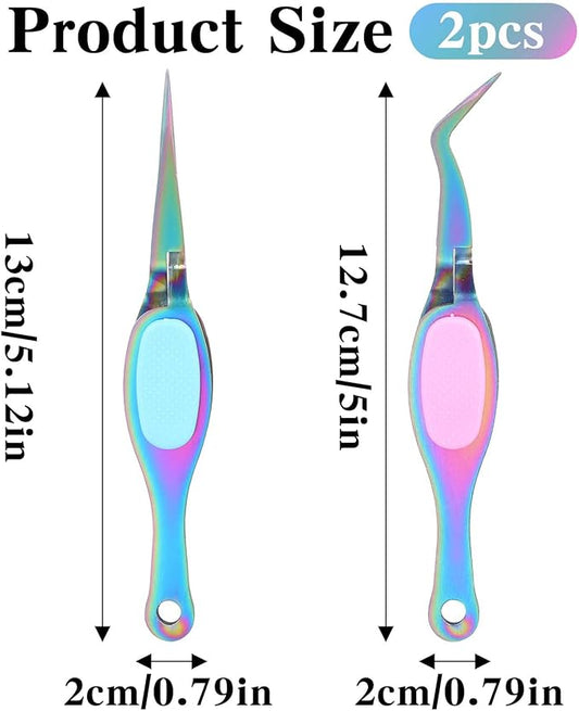 2PCS Stainless Steel Precision Tweezers Set, Soft Grip Reverse Tweezers with Curved and Straight Tips for DIY Crafting, Jewelry Making, Beading, Laboratory Tasks, Needle Nose Tweezers