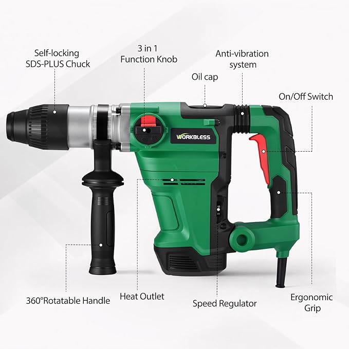1-1/2 Inch SDS-MAX Heavy and Duty Rotary Hammer Drill: 13 Amp Corded Hammers Drill - Hammers Drill for Concrete Demolition Chipping, 3 Functions, 6 Speeds, Safety Clutch, 2 Chisel