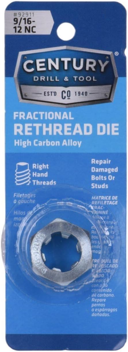 Century Drill & Tool 92911, 9/16-12 NC, National Coarse Fractional Right Hand Rethreading Die, High Carbon Steel, Fix Damaged Bolts or Studs