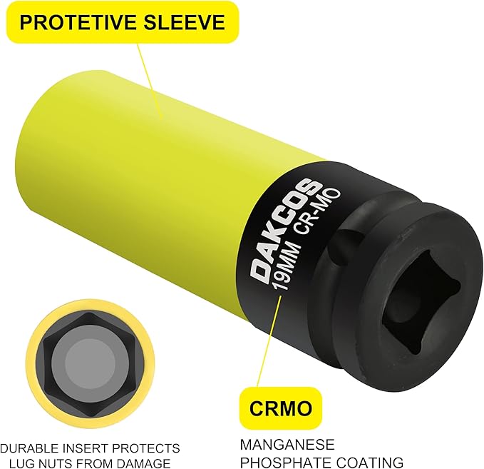 19mm Impact Lug Nut Socket, 1/2 inch Drive, With Protective Sleeves,CR-MO